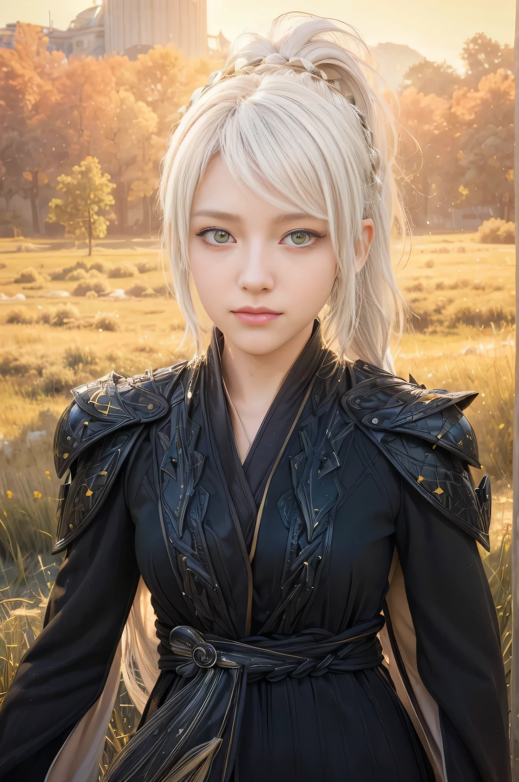 masterpiece, best quality, (realistic,photo-realistic:1.4), (RAW photo:1.2), extremely detailed CG unity 8k wallpaper, delicate and beautiful, amazing, finely detail,official art, absurdres, incredibly absurdres, huge filesize, ultra-detailed, extremely detailed, extremely detailkcaled girl,extremely detailed eyes and face, light on face,little smiles,(long hair:1.3),(white hair:1.3),(grass field background:1.6),(medium breast:1.3),(wearing armored robe:1.5),(yellow eyes :1.5),(braided hair:1.1),ponytail