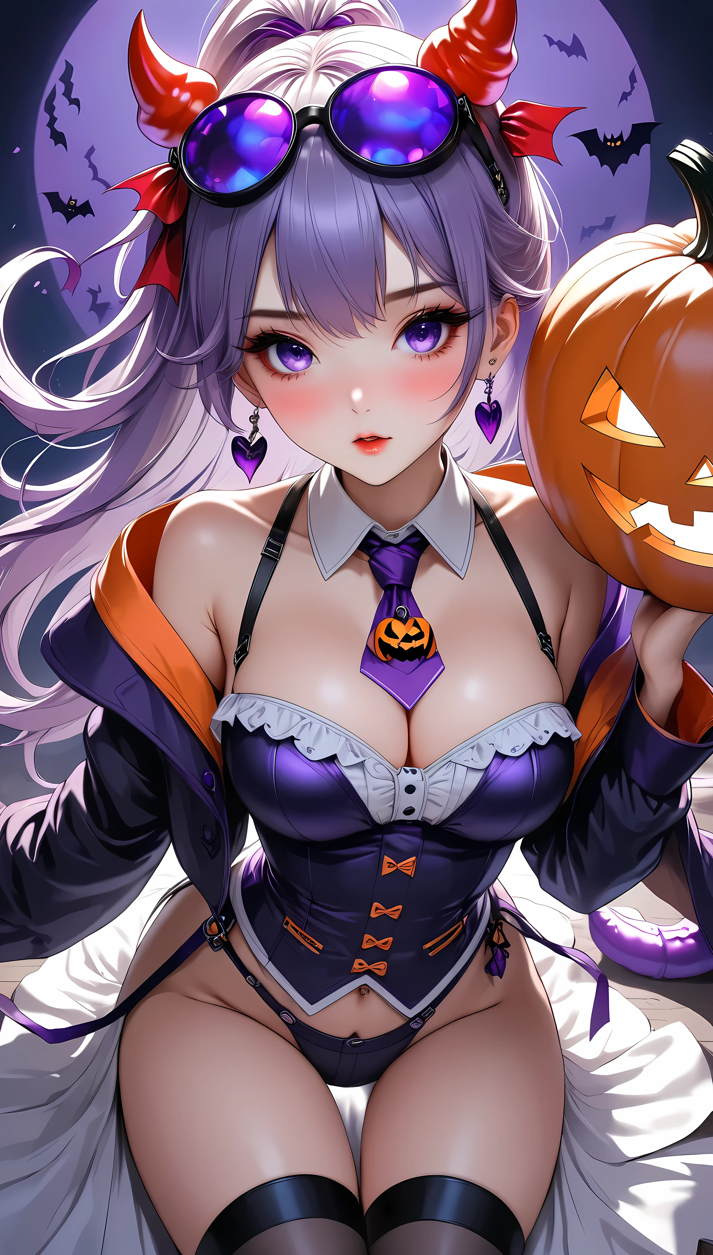 (masterpiece,  best quality :1.2), 1 beautiful girl, Alone, \ characters " atlus"\,  Halloween little devil ,  follows a Halloween ghost , Cute sex appeal ,  Jack-o-lantern adds color ,  transparent purple overlay , ROUGH, 