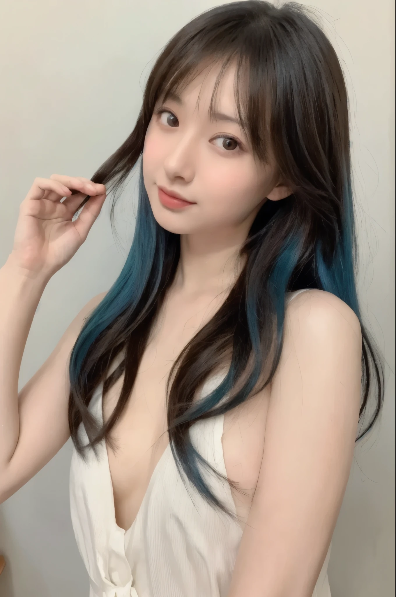 (masterpiece), (best quality), ( Super detailed ),(Disc Hair ),(illustration), ( 1 Girl ), ((whole body照,Completely naked)), Standing, fashion model, View audience, (interview), ( simple background), Beautiful and agile eyes,  Exquisite Beauty , Floating, ( High Saturation ), ( colorful splashes ), Colorful bubbles, (shine), focus on face, ponytail, Ayaka Kamiuri, light blue hair, Bangs, hair tie, Floating flowers,  flowing hair , (shiny), Optimal lighting,  Best Shadow , whole body, Vision