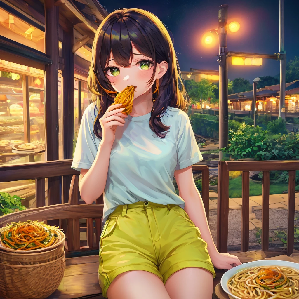 light yellow slightly long hairstyle,Cute girl, short sleeves, eyes are green, orange shorts(land wear),Eating ramen while looking at me,expression is sad,midnight