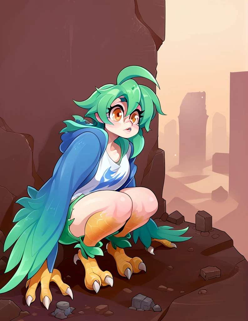 1girl, solo, adult, hips, figure, ruins, apocalyptic city, ((harpy girl, kemonomimi, cute, short hair, feathered, apocalypse survivor, talons)), feathered body, dirty, scrappy clothing, fuzzy, scavenger, scavenging, crouched, perched on high girder, looking out, 