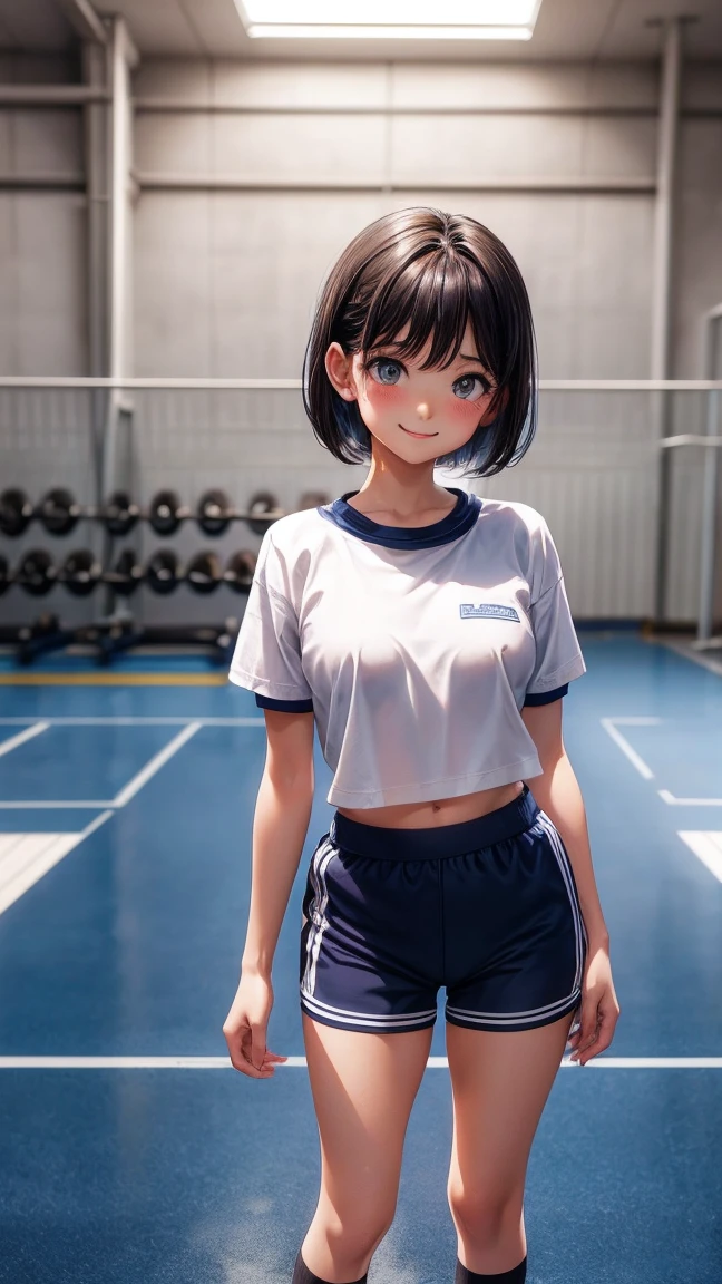 masterpiece, high quality, hi res, 1girl, standing, posing, pose, gym outfit, gym uniform, BurumaShorts, buruma,  <lora:BurumaShorts:0.6>, full body, shirt, view from side, blue eyes, realistic