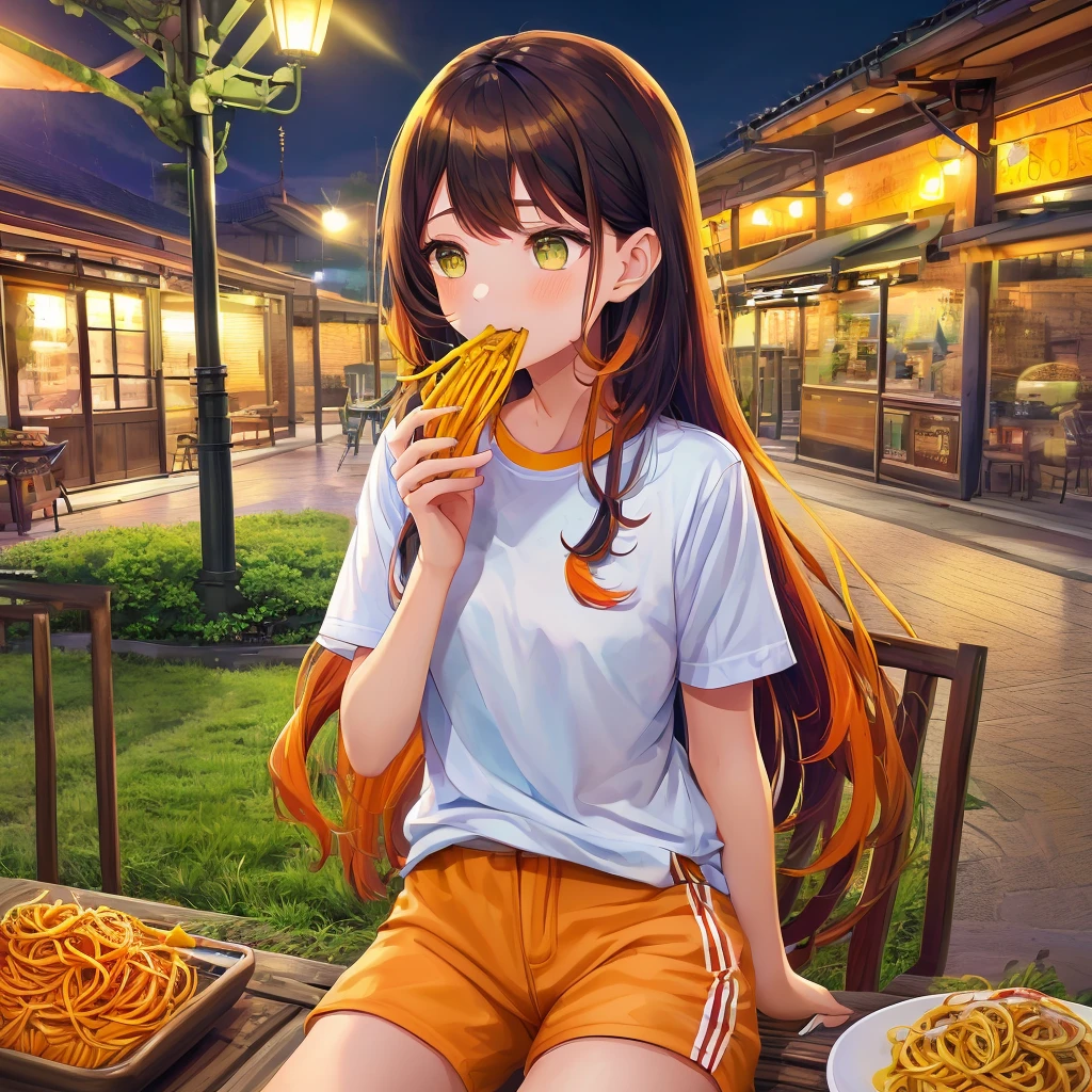 light yellow slightly long hairstyle,Cute girl, short sleeves, eyes are green, orange shorts(land wear),
eating noodles,expression is sad,midnight