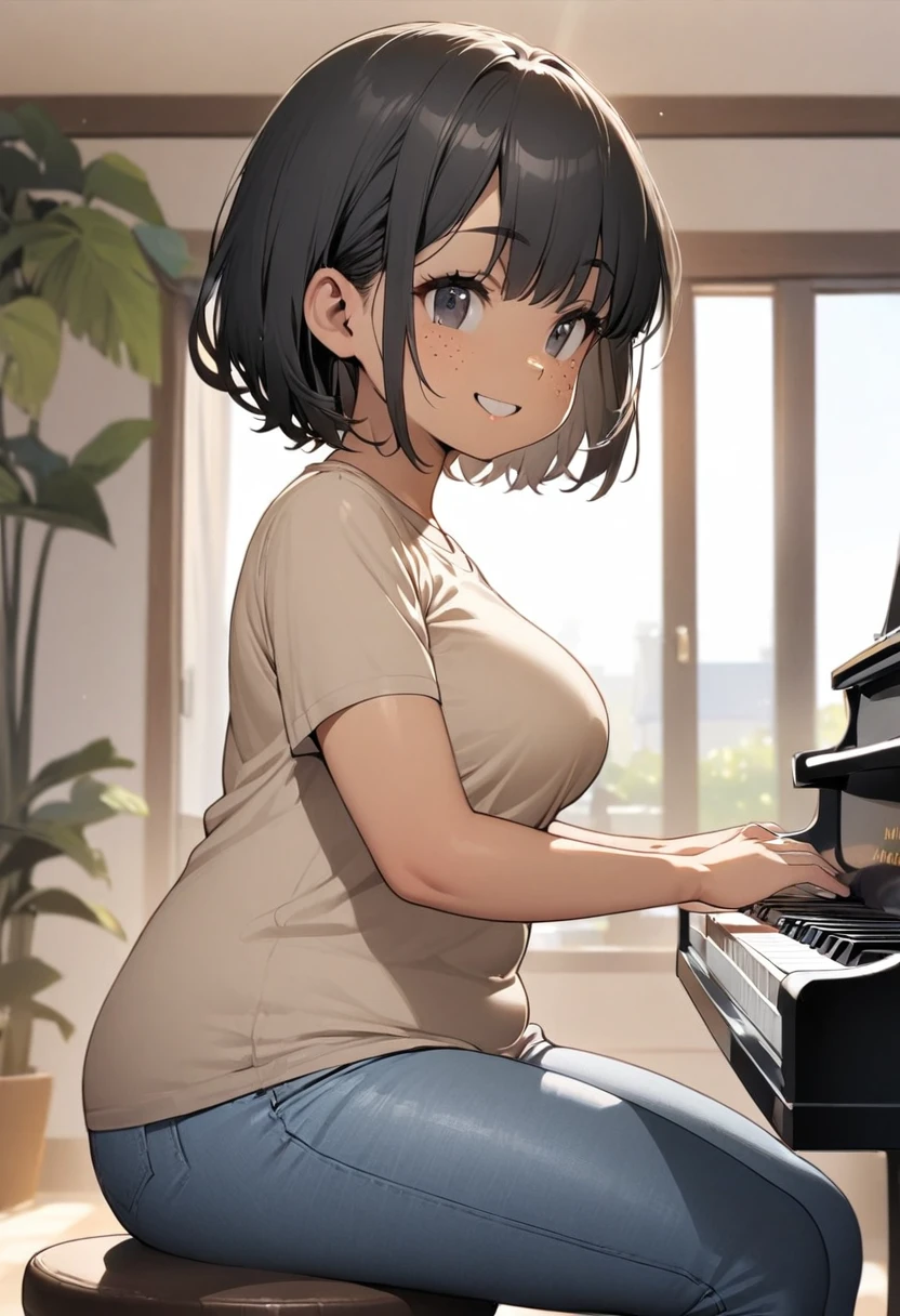 one girl, light skin, young, thick body, chubby, very short hair, black hair, black eyes, freckles, focused, smile, tan t shirt, medium breasts, jeans, sitting on stool, playing piano, living room background, daytime