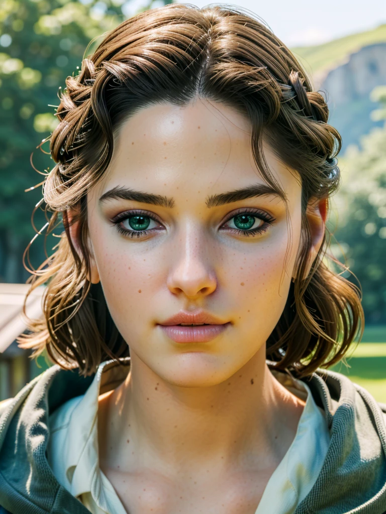 1girl,brown hair,green eyes,detailed shiny nose,standing in a picturesque landscape,beautiful detailed eyes,beautiful detailed lips,extremely detailed eyes and face,long eyelashes,(best quality,4k,8k,highres,masterpiece:1.2),ultra-detailed,(realistic,photorealistic,photo-realistic:1.37),digital painting,cinematic lighting,vivid colors,intricate details,highly detailed,exquisite,elegant,beautiful,stunning,gros plan sur le nez