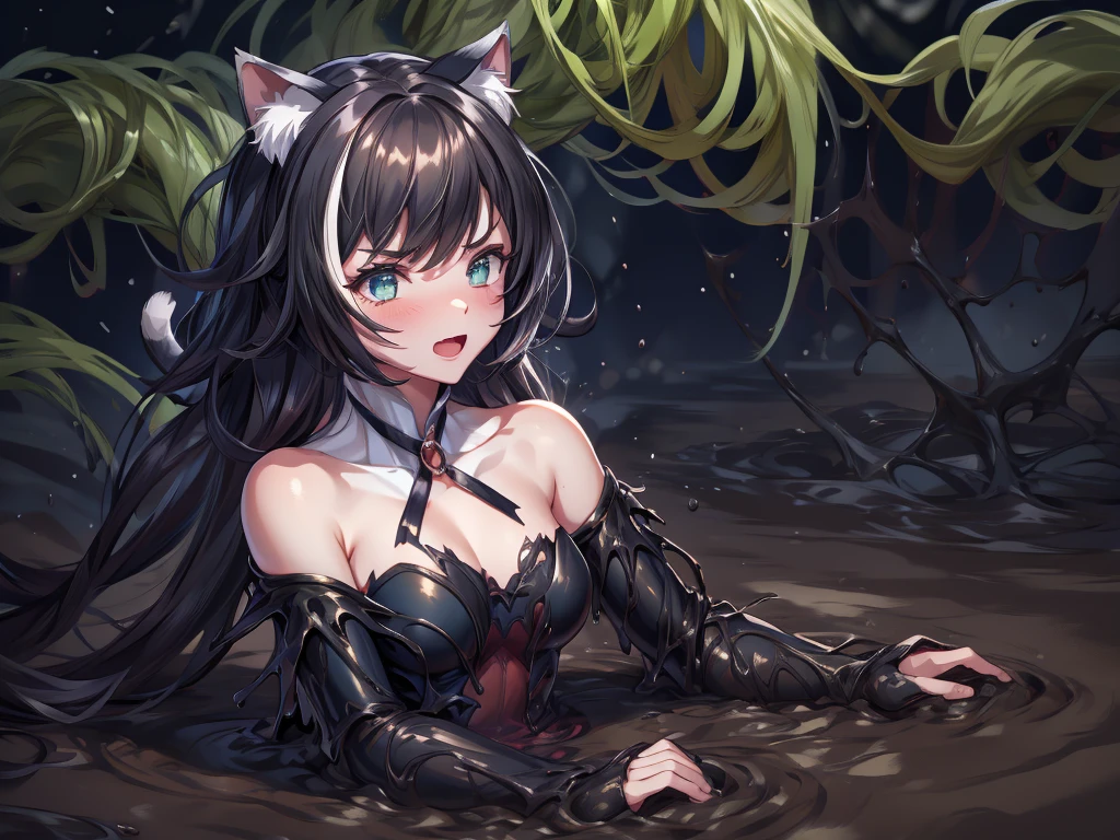   1 girl,   Kampala , In the swamp, Face Zoom, ground, beautiful eyes, In the soil,Cat ears