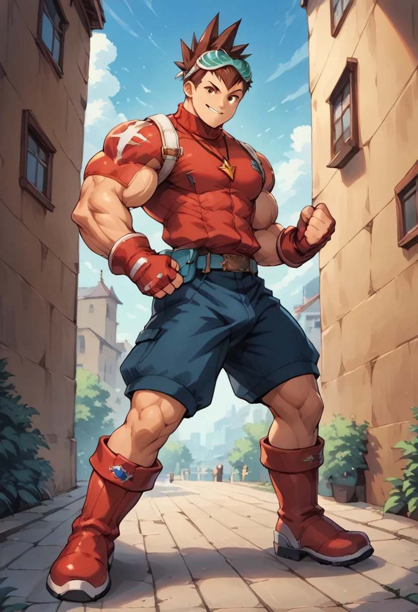 Highest quality,Best Quality,(( huge muscles, huge erect penis,))score_9, score_8_up, score_7_up, score_6_up, detailed, intricate details,best quality ,source_anime,geo stelar , brown hair, brown eyes, goggles, red jacket, necklace, male focus, gloves, boots, fingerless gloves, full body, shorts, goggles on head, belt, spiked hair, smile, clenched hands, standing, knee boots, clenched hand, red gloves, blue shorts, turtleneck, legs apart, blue shorts, red boots, outdoors,Imminent sexual activity,Glowing Skin, glossy skin,A fine penis,