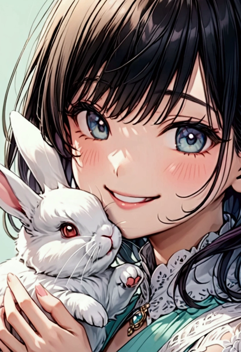 Black hair woman"Haruna"Smile, , playing with a rabbit  ,  upper body focus ,  close-up, simple background in pastel colors,