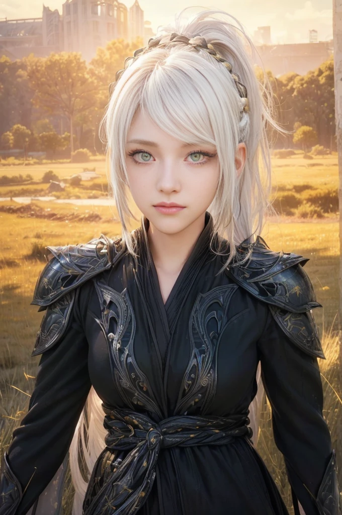 masterpiece, best quality, (realistic,photo-realistic:1.4), (RAW photo:1.2), extremely detailed CG unity 8k wallpaper, delicate and beautiful, amazing, finely detail,official art, absurdres, incredibly absurdres, huge filesize, ultra-detailed, extremely detailed, extremely detailkcaled girl,extremely detailed eyes and face, light on face,little smiles,(long hair:1.3),(white hair:1.3),(grass field background:1.6),(medium breast:1.3),(wearing armored robe:1.5),(yellow eyes :1.5),(braided hair:1.1),ponytail