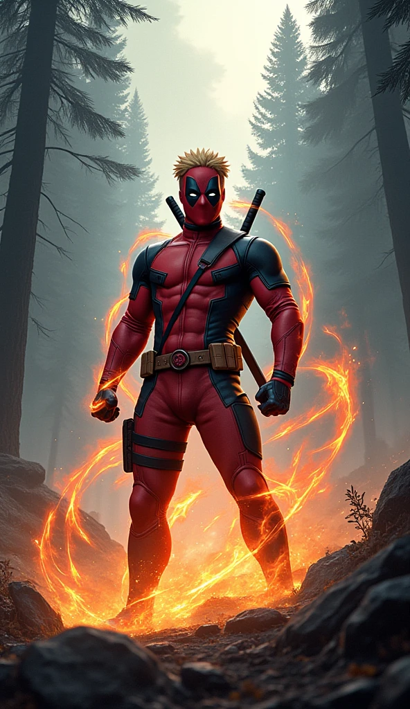 "Create a dynamic digital illustration of a 'Deadruto' - an epic hybrid fusion between Deadpool and Naruto Uzumaki, set in a misty Alpine forest.

The character should feature Deadpool's iconic red and black suit pattern seamlessly merged with Naruto's signature elements. The mask should be a fusion of Deadpool's design with Naruto's whisker marks and ninja headband. The figure should be enveloped in a swirling combination of Naruto's orange chakra and Deadpool's red energy.

The hybrid should be striking a dynamic ninja pose, perhaps forming a hand sign while Deadpool's katanas are strapped to their back. Their outfit should combine Deadpool's tactical suit with elements of Naruto's orange and black jumpsuit, creating a unique battle gear aesthetic.

Place this powerful hybrid character in a moody Alpine forest setting, with tall pine trees and atmospheric mist. Rays of sunlight should pierce through the canopy, illuminating the swirling energy around the character. The forest floor could show signs of ninja movement, with disturbed leaves and subtle chakra traces.

The overall composition should capture both Deadpool's chaotic energy and Naruto's ninja prowess, creating an image that's both powerful and playfully intense, with the tranquil forest backdrop providing a striking contrast to the energetic character."