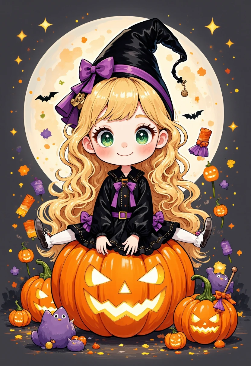 Cartoon illustration style, avatar design, Monet, Rococo, line illustration, hand-drawn illustration, Halloween, Halloween themed Candy Monste, Halloween decoration, fun, chibi style, adorable cute art style, warm, black with 🦇  and moon background. Tittle name Over : Halloween da Angellolinha. The girl with blonde hair  and green eyes. Hand back