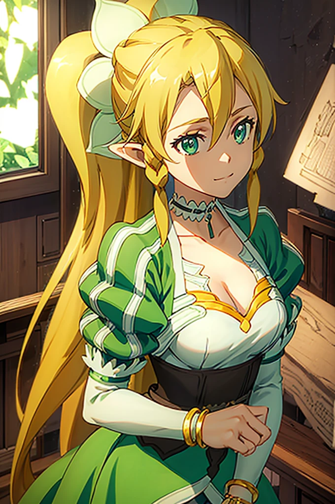 (Masterpiece, Ultra-high resolution, 8k, High Quality, Top quality, High-Detailed, Detailed CG, Cinematic Shadow:0.5, Beautiful Detailed Eyes, Ultra Resolution, Depth of Field, High Resolution, Masterpiece: 1.2), (Anime Art style), (upper body), (forest), 1girl, solo, leafa, green eyes, blonde hair, very long hair, bangs, ponytail, side braid, hair between eyes, hair ornament, bracelet, jewelry, choker, breasts, bracelet, puffy sleeves, green dress, white shorts, white thighhighs, brown footwear, beautiful breasts, smile, hand in own hair,