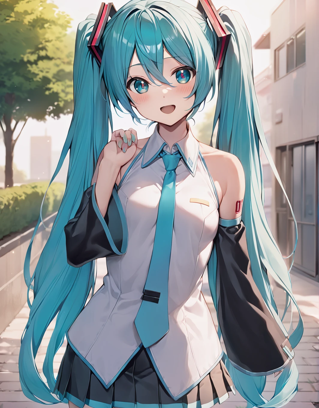 masterpiece,  best quality , 1 girl , Hatsune Miku,Aqua Hair, Aqua Eye, Long Hair,  twin tails,  gradient hair , Shoulder Bare, black skirt, blue tie,  detachable sleeve ,Small breasts,Grey Shirt, Long Sleeve ,  miniskirt , pleated skirt, Thigh length, happy,Outdoor,Shiny clothes, staring at viewers 