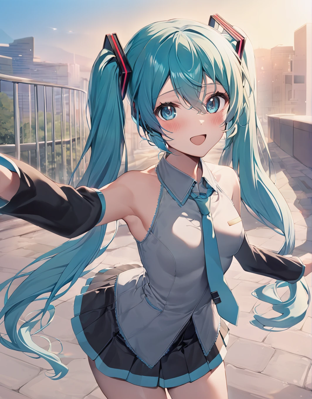 masterpiece,  best quality , 1 girl , Hatsune Miku,Aqua Hair, Aqua Eye, Long Hair,  twin tails,  gradient hair , Shoulder Bare, black skirt, blue tie,  detachable sleeve ,Small breasts,Grey Shirt, Long Sleeve ,  miniskirt , pleated skirt, Thigh length, happy,Outdoor,Shiny clothes, staring at viewers 