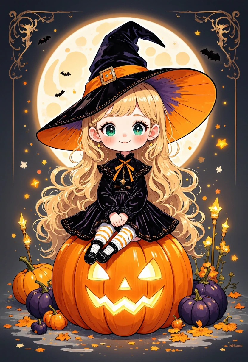 Cartoon illustration style, avatar design, Monet, Rococo, line illustration, hand-drawn illustration, Halloween, Halloween themed Candy Monste, Halloween decoration, fun, chibi style, adorable cute art style, warm, black with 🦇  and moon background. Tittle name Over : Halloween da Angel****nha. The girl with blonde hair  and green eyes. Hand back