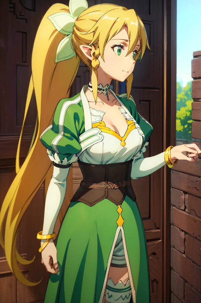 (Masterpiece, Ultra-high resolution, 8k, High Quality, Top quality, High-Detailed, Detailed CG, Cinematic Shadow:0.5, Beautiful Detailed Eyes, Ultra Resolution, Depth of Field, High Resolution, Masterpiece: 1.2), (Anime Art style), (upper body), (forest), 1girl, solo, leafa, green eyes, blonde hair, very long hair, bangs, ponytail, side braid, hair between eyes, hair ornament, bracelet, jewelry, choker, breasts, bracelet, puffy sleeves, green dress, white shorts, white thighhighs, brown footwear, beautiful breasts, smile, put one hand chest, from side,