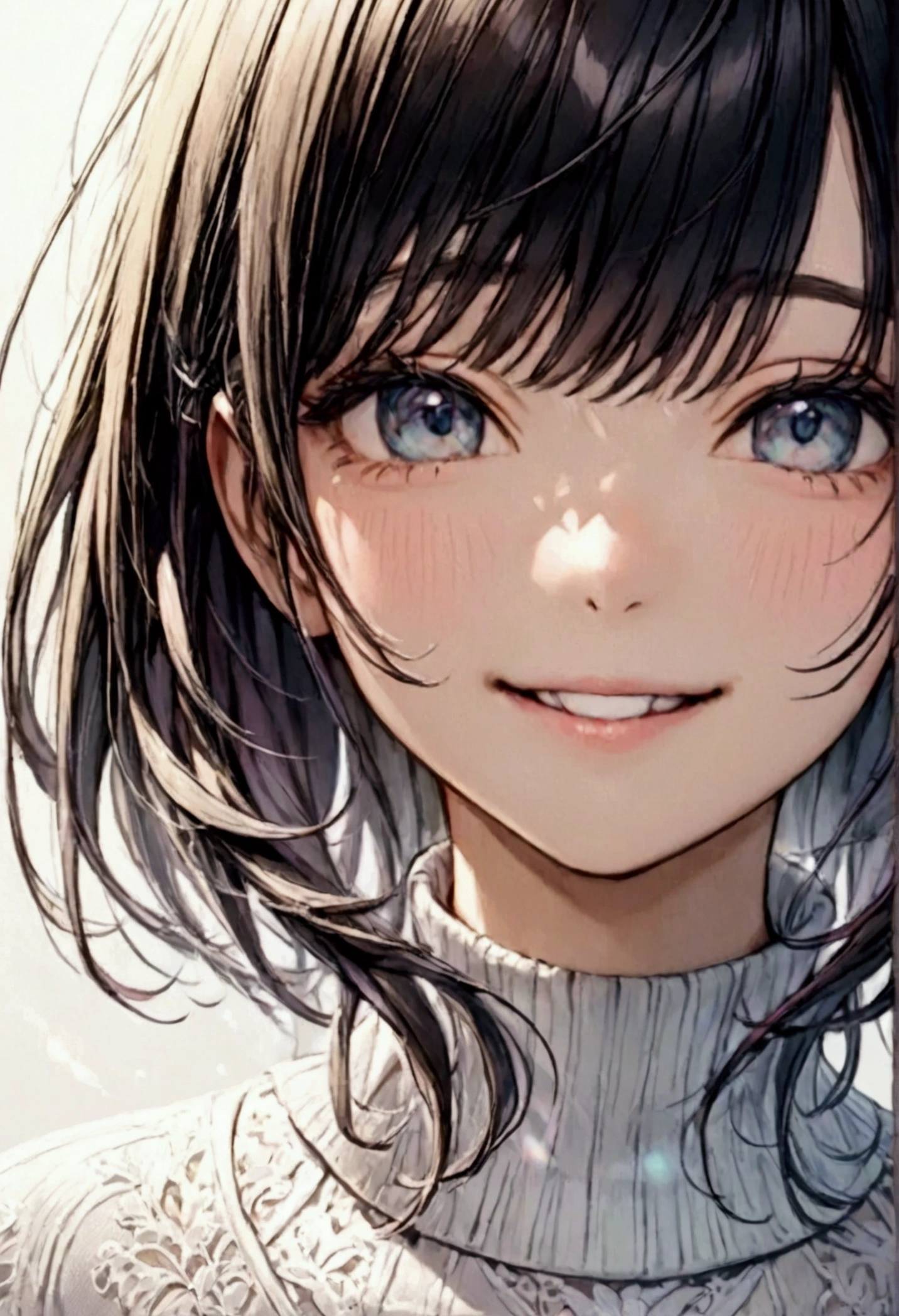 Black hair woman"Haruna"The gentle smile , , white turtleneck ,  upper body focus ,  close-up, simple background in pastel colors,