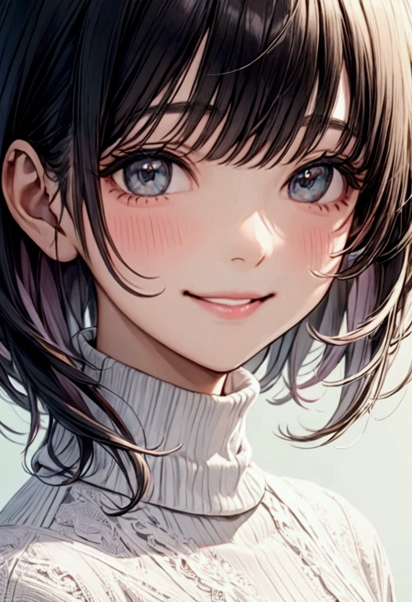 Black hair woman"Haruna"The gentle smile , , white turtleneck ,  upper body focus ,  close-up, simple background in pastel colors,