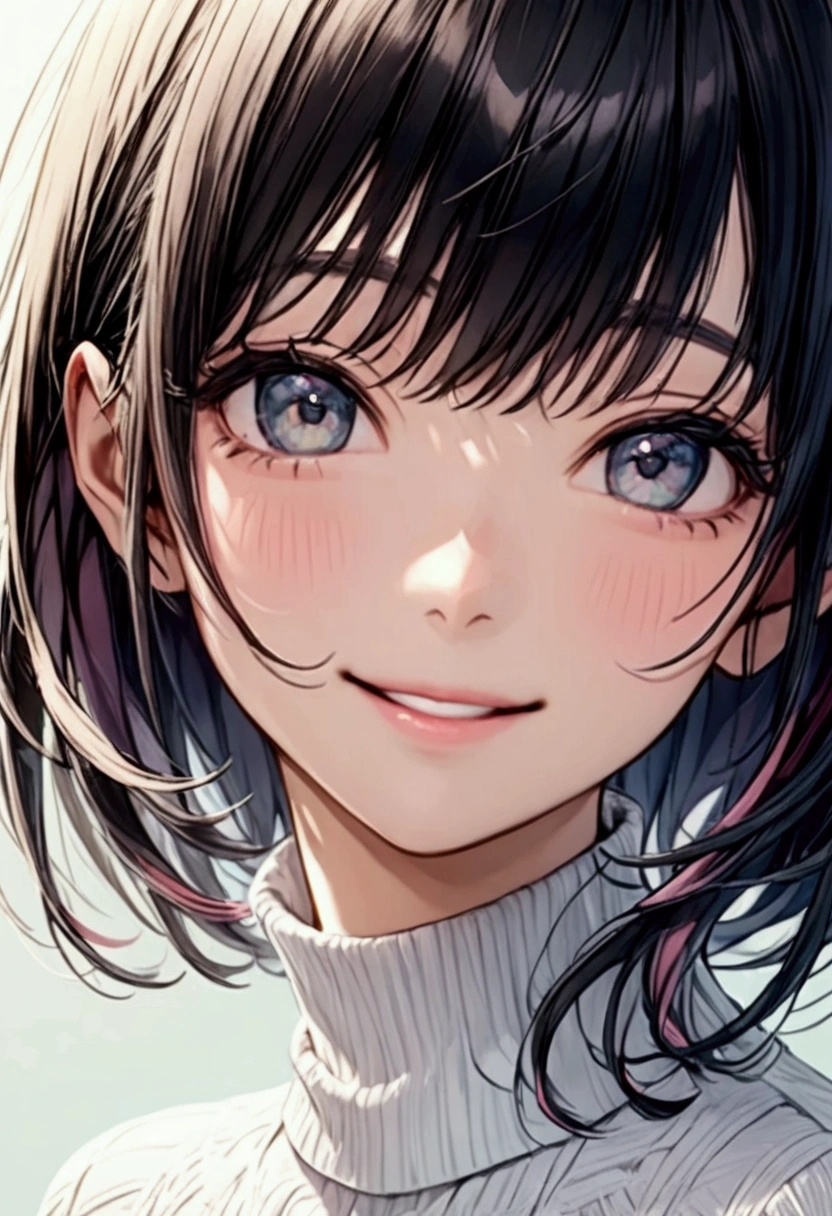 Black hair woman"Haruna"The gentle smile , , white turtleneck ,  upper body focus ,  close-up, simple background in pastel colors,