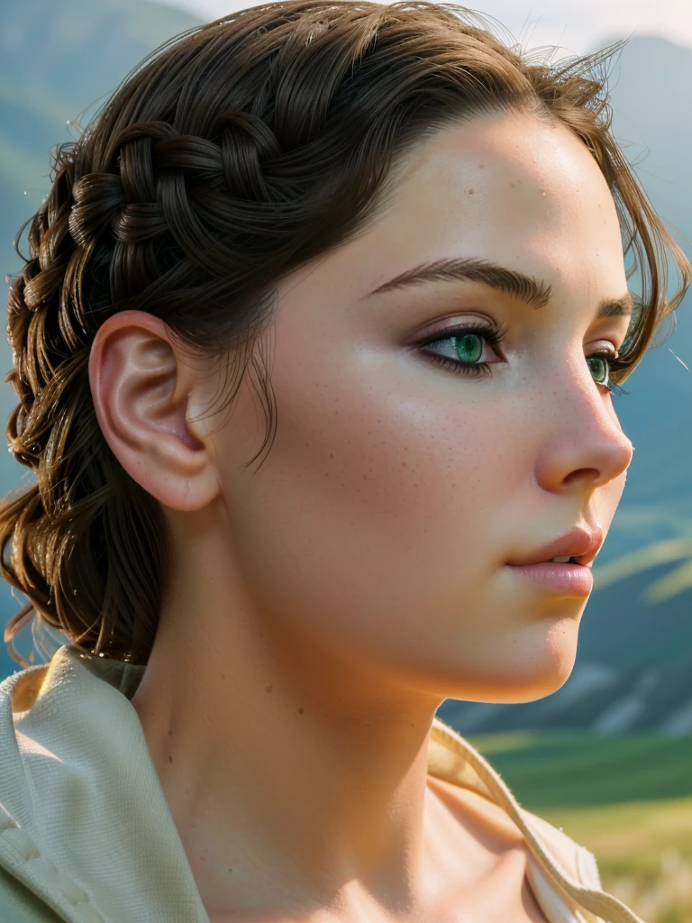 1girl, brown hair, green eyes, beautiful detailed eyes, beautiful detailed lips, extremely detailed eyes and face, long eyelashes, standing in a picturesque landscape, close up on the nose, profile view, lait sur le nez, (best quality,4k,8k,highres,masterpiece:1.2),ultra-detailed,(realistic,photorealistic,photo-realistic:1.37),digital painting,cinematic lighting,vivid colors,intricate details,highly detailed,exquisite,elegant,beautiful,stunning