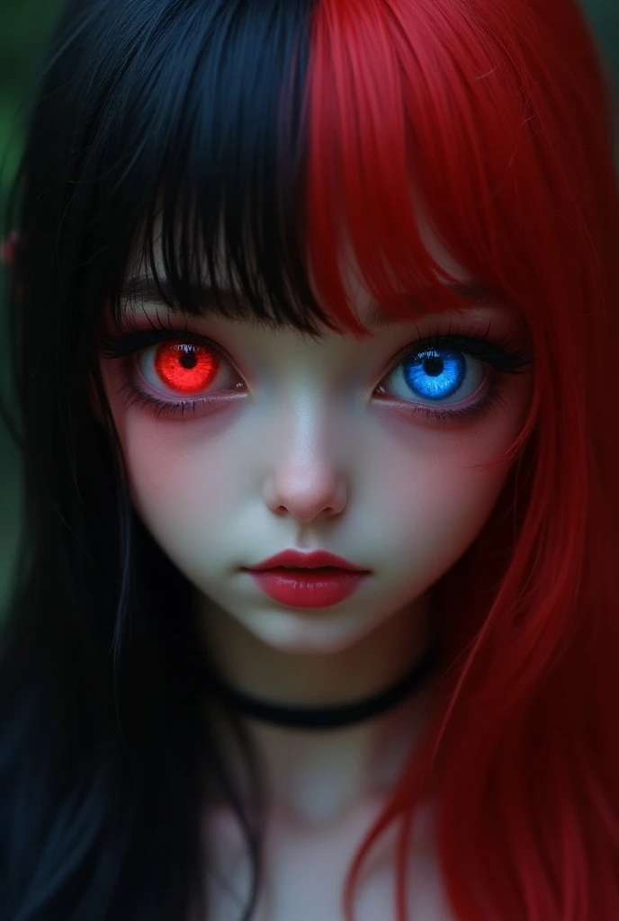 A 20 year old adult has 、My right eye is red and my left eye is blue .  black hair and the other half is red、 Succubus