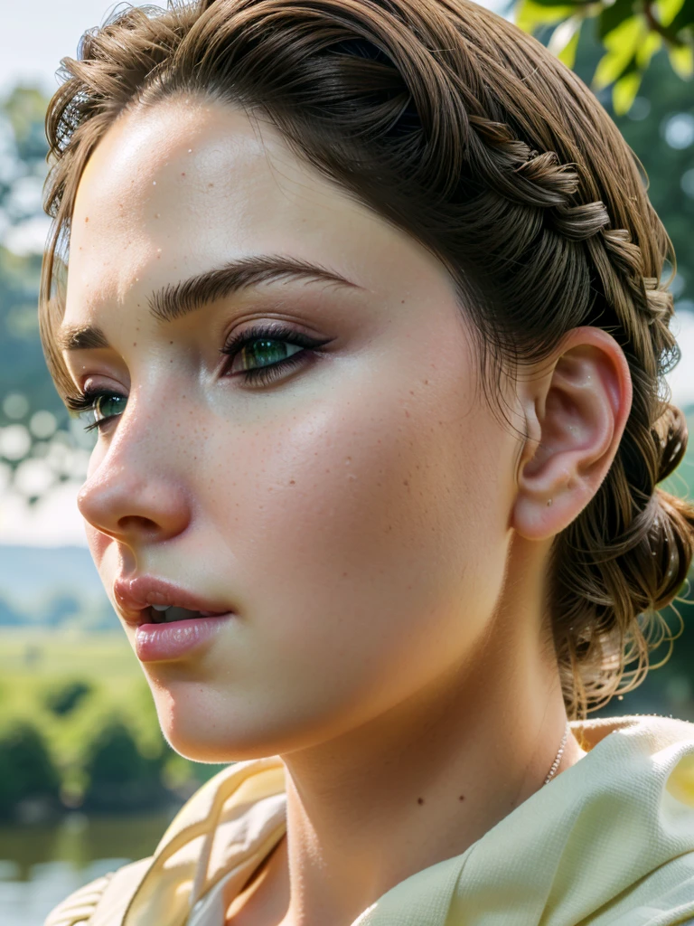 1girl, brown hair, green eyes, beautiful detailed eyes, beautiful detailed lips, extremely detailed eyes and face, long eyelashes, standing in a picturesque landscape, close up on the nose, profile view, milk on nose, (best quality,4k,8k,highres,masterpiece:1.2),ultra-detailed,(realistic,photorealistic,photo-realistic:1.37),digital painting,cinematic lighting,vivid colors,intricate details,highly detailed,exquisite,elegant,beautiful,stunning