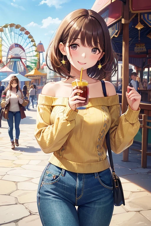 my grandmother、 shiny maroon hair ,  short hair, ( brown pretty eyes 、 Sparkling Eyes, Fine grain)、smile、 super detailed eyes、 Highly Detailed Face ,  Highly detailed eyes , cowboy shot、(masterpiece,Best Quality), 1 adult female ,





(((off-the-shoulder bright yellow-green sweater ), Denim pants, 
( beautiful scenery ), morning, (amusement park), walk,  Hold a drink in your hand, (幸せなsmile,  opens her mouth), 