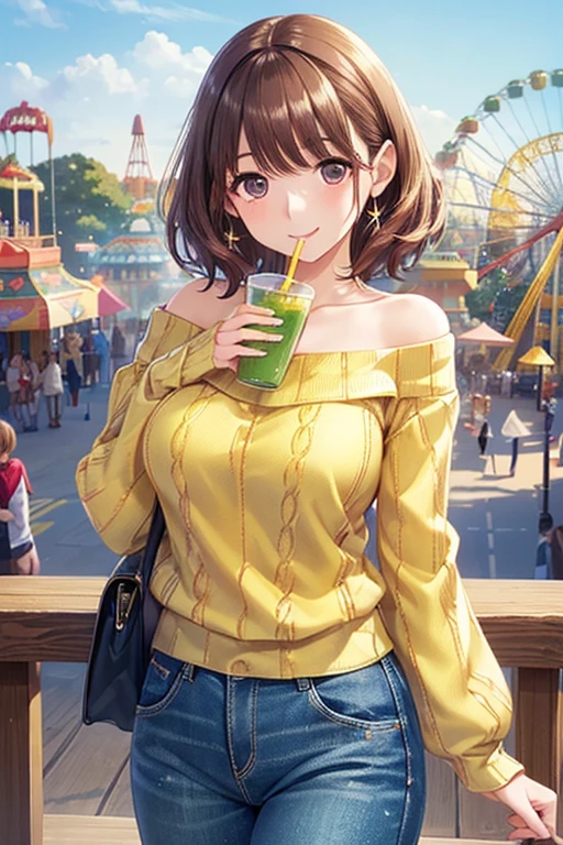 my grandmother、 shiny maroon hair ,  short hair, ( brown pretty eyes 、 Sparkling Eyes, Fine grain)、smile、 super detailed eyes、 Highly Detailed Face ,  Highly detailed eyes , cowboy shot、(masterpiece,Best Quality), 1 adult female ,





(((off-the-shoulder bright yellow-green sweater ), Denim pants, 
( beautiful scenery ), morning, (amusement park), walk,  Hold a drink in your hand, (幸せなsmile,  opens her mouth), 