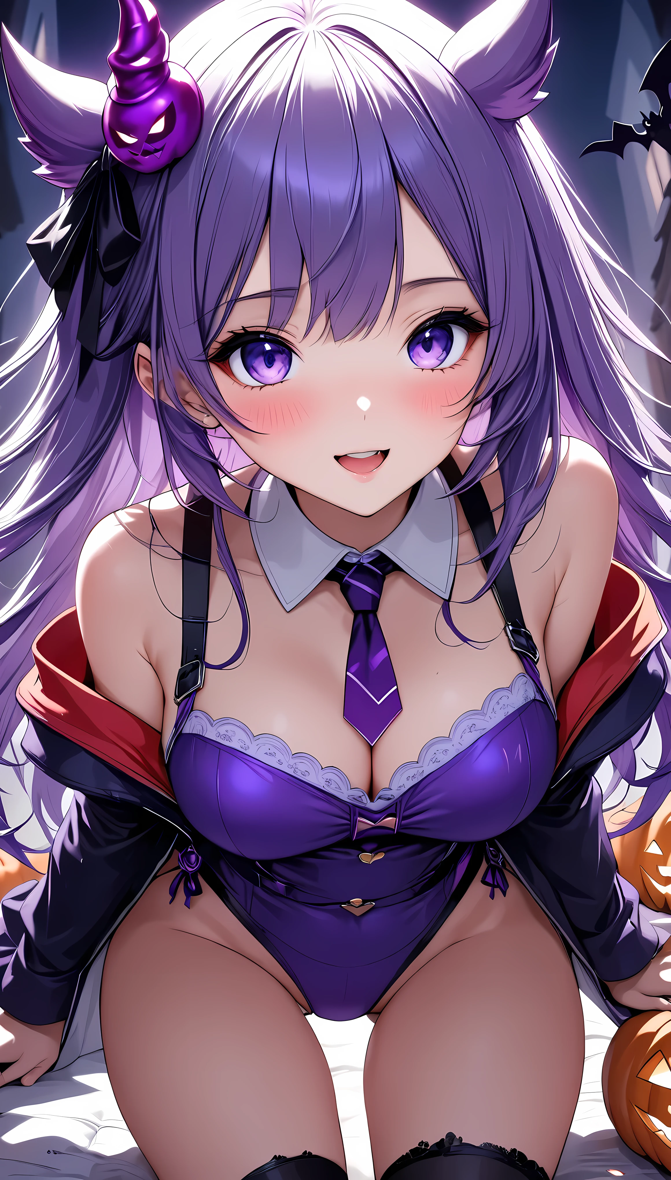 (masterpiece,  best quality :1.2),  1 girl , Alone, \ characters " atlus"\,  Halloween little devil ,  follows a Halloween ghost , Cute sex appeal ,  Jack-o-lantern adds color ,  transparent purple overlay , ROUGH, 