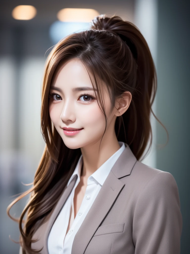 highest quality、genuine、Super detailed、finely、High resolution、8k wallpaper、one beautiful woman、、、light brown disheveled hair、wearing a business suit、sharp focus、perfect dynamic composition、beautiful and detailed eyes、thin hair、detailed genuine skin texture、smile、close-up portrait、model body shape