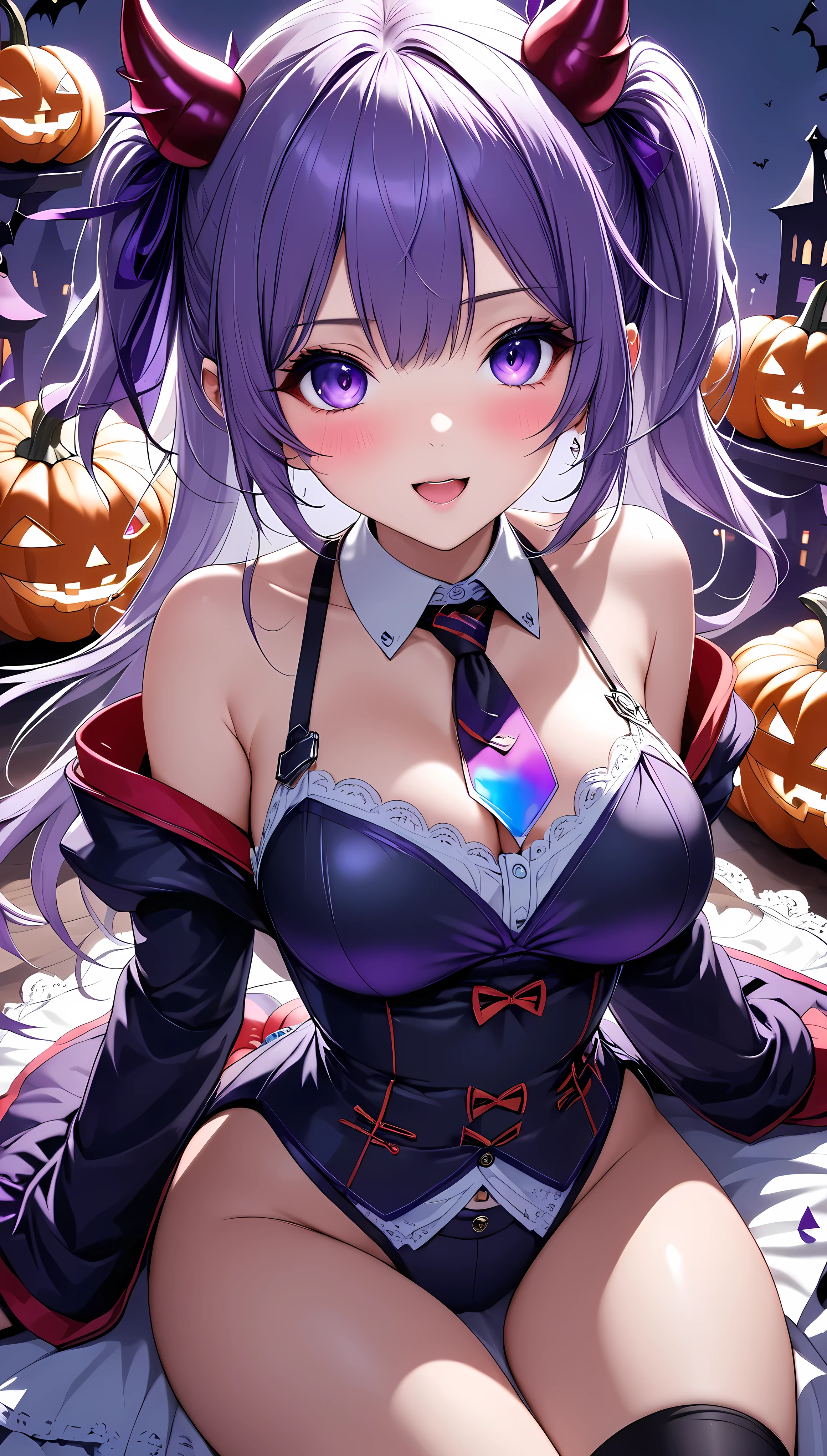 (masterpiece,  best quality :1.2),  1 girl , Alone, \ characters " atlus"\,  Halloween little devil ,  follows a Halloween ghost , Cute sex appeal ,  Jack-o-lantern adds color ,  transparent purple overlay , ROUGH, 