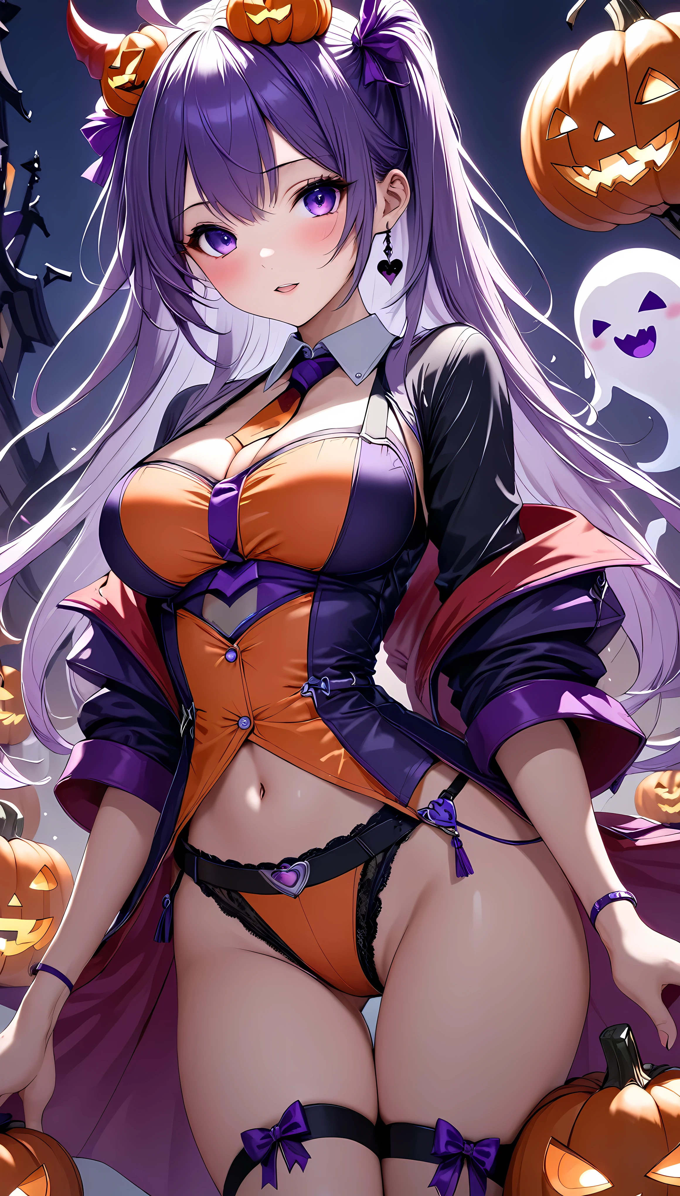 (masterpiece,  best quality :1.2),  1 girl , Alone, \ characters " atlus"\,  Halloween little devil ,  follows a Halloween ghost , Cute sex appeal ,  Jack-o-lantern adds color ,  transparent purple overlay , ROUGH, 