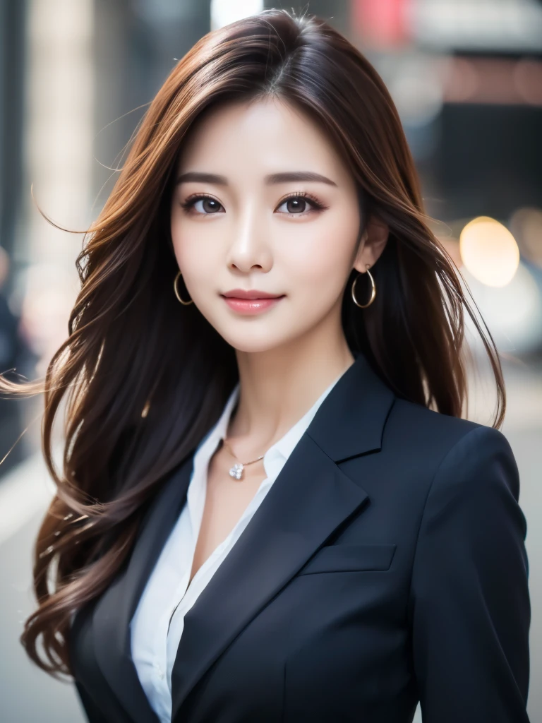 highest quality、genuine、Super detailed、finely、High resolution、8k wallpaper、one beautiful woman、、、light brown disheveled hair、wearing a business suit、sharp focus、perfect dynamic composition、beautiful and detailed eyes、thin hair、detailed genuine skin texture、smile、close-up portrait、model body shape