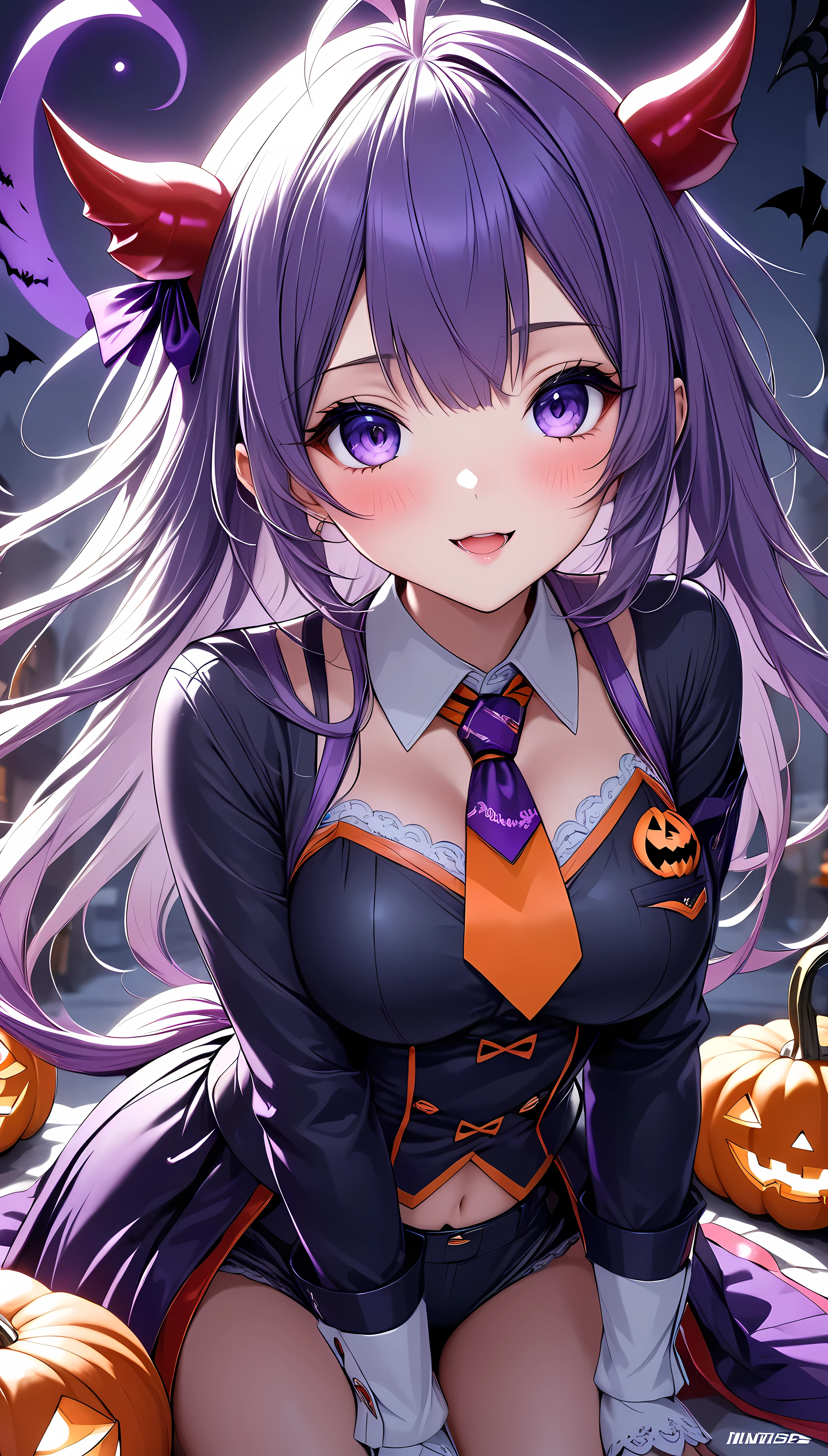 (masterpiece,  best quality :1.2),  1 girl , Alone, \ characters " atlus"\,  Halloween little devil ,  follows a Halloween ghost , Cute sex appeal ,  Jack-o-lantern adds color ,  transparent purple overlay , ROUGH, 