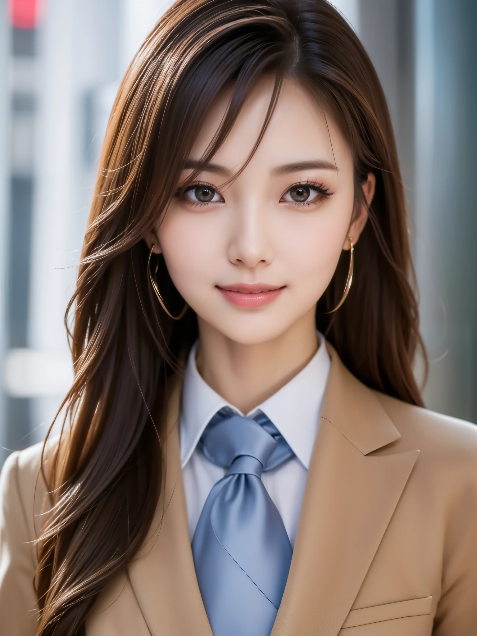 highest quality、genuine、Super detailed、finely、High resolution、8k wallpaper、one beautiful woman、、、light brown disheveled hair、wearing a business suit、sharp focus、perfect dynamic composition、beautiful and detailed eyes、thin hair、detailed genuine skin texture、smile、close-up portrait、model body shape