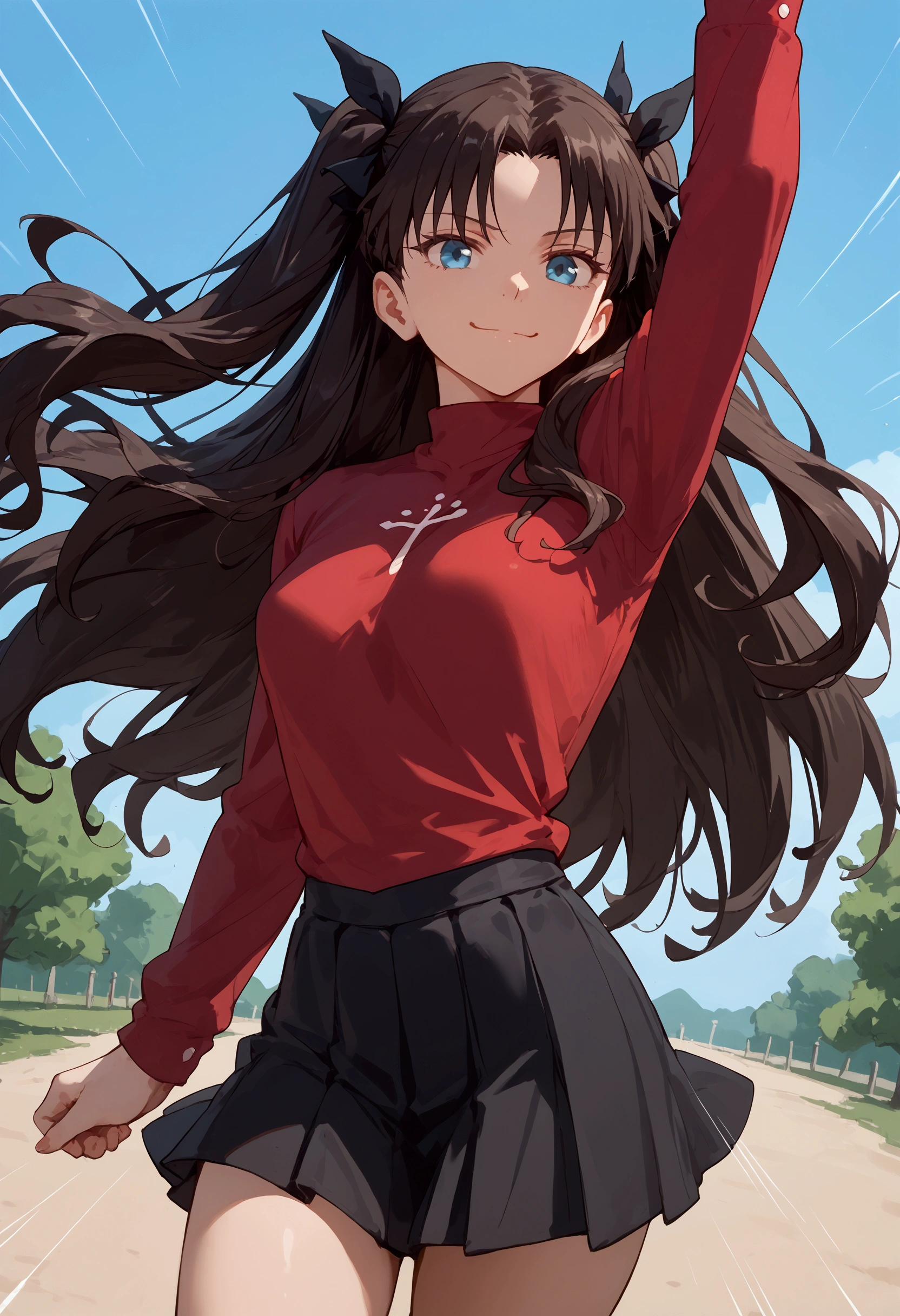 score_9, score_8_up, score_7_up,tohsaka_by_wizard,outdoor,,motion lines,motion blur,arm up,smirk,
