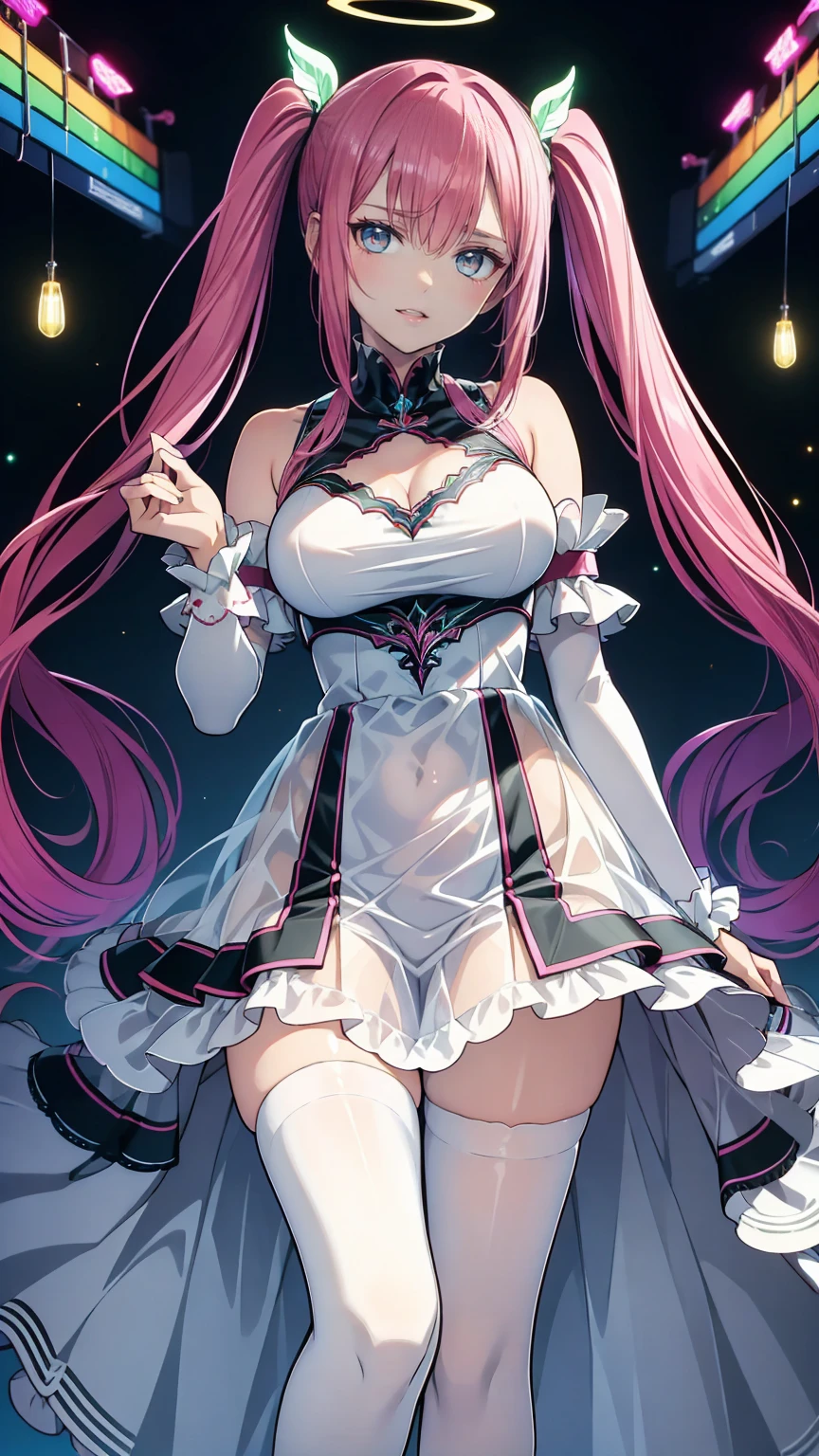 (8k,  best quality , masterpiece: 1.2), super high resolution,Beautiful woman,  super detailed face  , Detailed eyes,( Pink Hair, Light blue multicolored hair ),Bang, twin tails, opens her mouth,break, candy and striped pattern tafana , white knee-length socks, lavender-colored dress , pink canopy bed ,Detailed hands and fingers,( rainbow-colored light from heaven :1.4) , standing , pink bed captivates viewers in a cute room with a canopy
