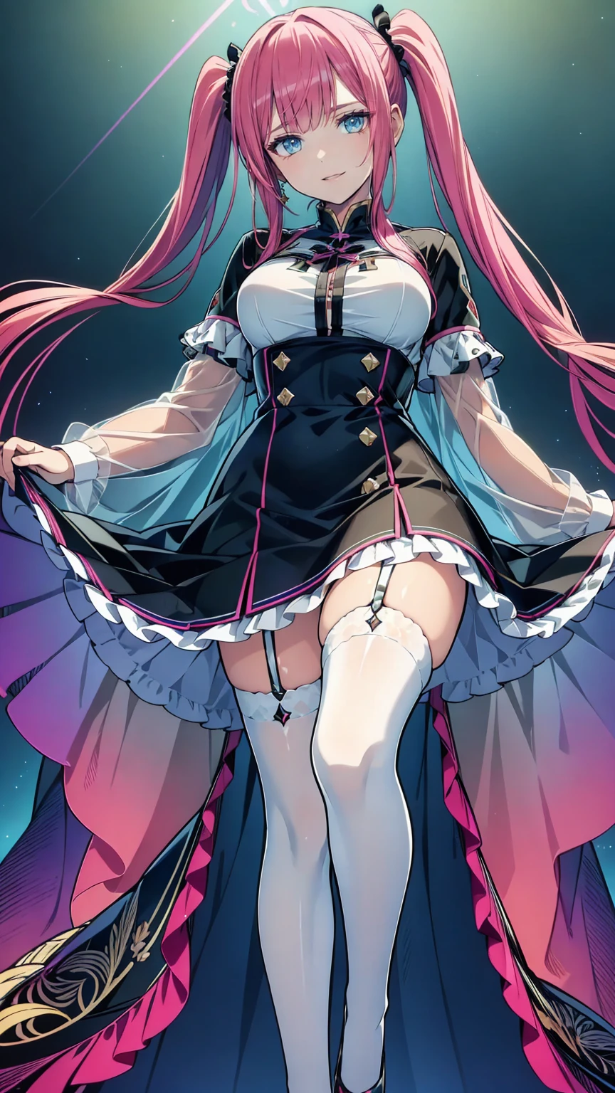 (8k,  best quality , masterpiece: 1.2), super high resolution,Beautiful woman,  super detailed face  , Detailed eyes,( Pink Hair, Light blue multicolored hair ),Bang, twin tails, opens her mouth,break, candy and striped pattern tafana , white knee-length socks, lavender-colored dress , pink canopy bed ,Detailed hands and fingers,( rainbow-colored light from heaven :1.4) , standing , pink bed captivates viewers in a cute room with a canopy
