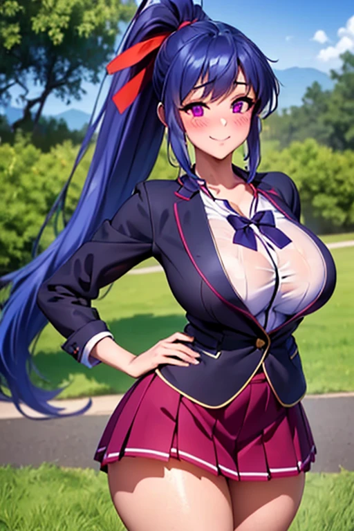 (masterpiece:1.2, top-quality), (realistic, photorealistic:1.4), beautiful illustration, (natural side lighting, movie lighting), ((smooth texture:0.75, realistic texture:0.65, realistic:1.1, Anime CG style)), big breasts, dynamic angle, perfect body, depth of fields, looking at viewer, upper body,  front view, 1 girl,16k, best definition, a girl in a school uniform posing for a picture, BREAK,  beautiful Yayoi, Yayoi, ((blue hair)), very large ponytail, red ribbon in the hair, purple eyes, beautiful woman, purple eyes, eye definition, muslos, (large breasts:0.9), (exposed black lace panties: 0.9), ((purple eyes, beautiful eyelashes, realistic eyes, wide hips,  narrow waist, perfect body, smile, very long hair, purple eyes, red skirt, school uniform, shirt, corset, ponytail, pleated mini skirt, red hair ribbon, white shirt, black bow on the chest, black blazer)), ((detailed face, blush:1.2)), beautiful hair, beautiful face, beautiful detailed eyes, beautiful clavicle, beautiful body, beautiful chest, beautiful thigh, beautiful legs, beautiful fingers,  Beautiful Girl, beatiful eyes, Gorgeous young girl, young and cute girl, girl cute-fine-face, Beautiful young girl, Seductive Anime Girl, sexy look at the camera, perfect face, cute and symmetrical face, (perfect anatomy, anatomically correct, super detailed skin), fair, shiny skin, long eye lasher,  BREAK, (beautiful scenery), (field with green grass and purple flowers background:1.2), cute pose, (pose cutely:1.3), (confused, innocent smile, nice smile, ). wet body, wet breast, wet legs.