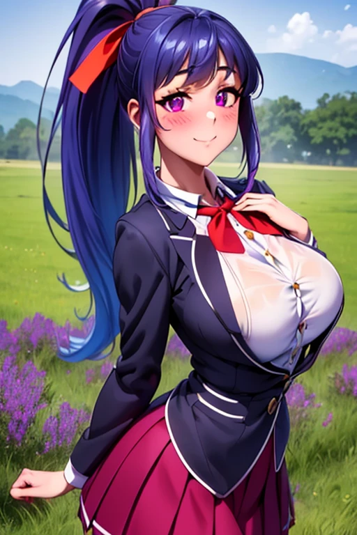 (masterpiece:1.2, top-quality), (realistic, photorealistic:1.4), beautiful illustration, (natural side lighting, movie lighting), ((smooth texture:0.75, realistic texture:0.65, realistic:1.1, Anime CG style)), big breasts, dynamic angle, perfect body, depth of fields, looking at viewer, upper body,  front view, 1 girl,16k, best definition, a girl in a school uniform posing for a picture, BREAK,  beautiful Yayoi, Yayoi, ((blue hair)), very large ponytail, red ribbon in the hair, purple eyes, beautiful woman, purple eyes, eye definition, muslos, (large breasts:0.9), (exposed black lace panties: 0.9), ((purple eyes, beautiful eyelashes, realistic eyes, wide hips,  narrow waist, perfect body, smile, very long hair, purple eyes, red skirt, school uniform, shirt, corset, ponytail, pleated mini skirt, red hair ribbon, white shirt, black bow on the chest, black blazer)), ((detailed face, blush:1.2)), beautiful hair, beautiful face, beautiful detailed eyes, beautiful clavicle, beautiful body, beautiful chest, beautiful thigh, beautiful legs, beautiful fingers,  Beautiful Girl, beatiful eyes, Gorgeous young girl, young and cute girl, girl cute-fine-face, Beautiful young girl, Seductive Anime Girl, sexy look at the camera, perfect face, cute and symmetrical face, (perfect anatomy, anatomically correct, super detailed skin), fair, shiny skin, long eye lasher,  BREAK, (beautiful scenery), (field with green grass and purple flowers background:1.2), cute pose, (pose cutely:1.3), (confused, innocent smile, nice smile, ). wet body, wet breast, wet legs.