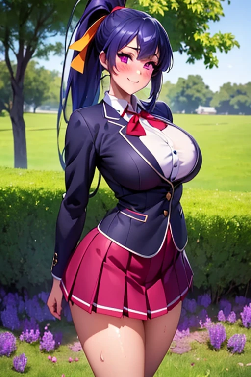 (masterpiece:1.2, top-quality), (realistic, photorealistic:1.4), beautiful illustration, (natural side lighting, movie lighting), ((smooth texture:0.75, realistic texture:0.65, realistic:1.1, Anime CG style)), big breasts, dynamic angle, perfect body, depth of fields, looking at viewer, upper body,  front view, 1 girl,16k, best definition, a girl in a school uniform posing for a picture, BREAK,  beautiful Yayoi, Yayoi, ((blue hair)), very large ponytail, red ribbon in the hair, purple eyes, beautiful woman, purple eyes, eye definition, muslos, (large breasts:0.9), (exposed black lace panties: 0.9), ((purple eyes, beautiful eyelashes, realistic eyes, wide hips,  narrow waist, perfect body, smile, very long hair, purple eyes, red skirt, school uniform, shirt, corset, ponytail, pleated mini skirt, red hair ribbon, white shirt, black bow on the chest, black blazer)), ((detailed face, blush:1.2)), beautiful hair, beautiful face, beautiful detailed eyes, beautiful clavicle, beautiful body, beautiful chest, beautiful thigh, beautiful legs, beautiful fingers,  Beautiful Girl, beatiful eyes, Gorgeous young girl, young and cute girl, girl cute-fine-face, Beautiful young girl, Seductive Anime Girl, sexy look at the camera, perfect face, cute and symmetrical face, (perfect anatomy, anatomically correct, super detailed skin), fair, shiny skin, long eye lasher,  BREAK, (beautiful scenery), (field with green grass and purple flowers background:1.2), cute pose, (pose cutely:1.3), (confused, innocent smile, nice smile, ). wet body, wet breast, wet legs.