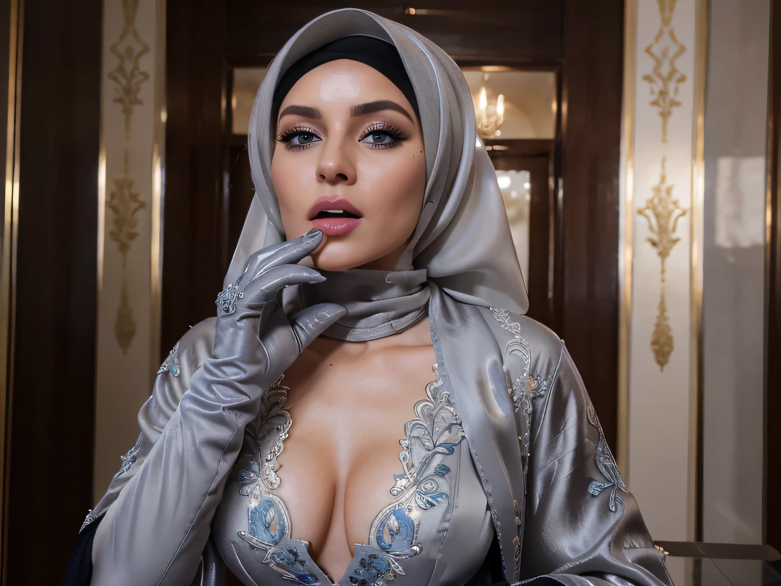 photo of a blowjob made by A Beautiful Islamic blonde burglar woman (wearing Women Embroidery Abaya Dubai Turkey Muslim Evening Dress Evening Wedding Dress Islamic Clothing Long Robe), cleavage, executive office, perfect, masterpiece, complex_background,HDR, photorealisti, beautifull blue eyes, open mouth moaning of pain, updo, lot's of liquid white cum falling from her lips on her gloved hand, (( grey silk gloves)) ( teh photo is up front))