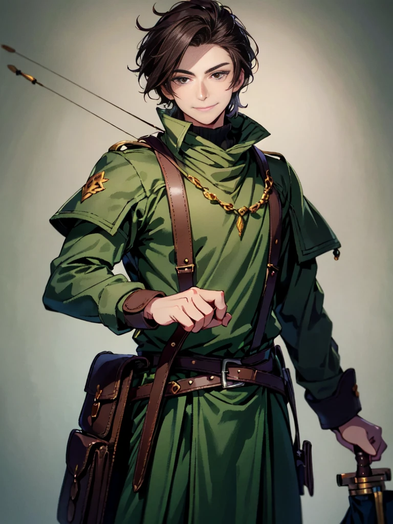 A 20-year-old young man with dark brown hair, always wearing a cheerful smile. He is dressed in green adventurer's clothing, perfect for exploration or combat. He holds a bow casually in his hand, ready for action. His relaxed and friendly demeanor contrasts with the skill and readiness of a seasoned adventurer
