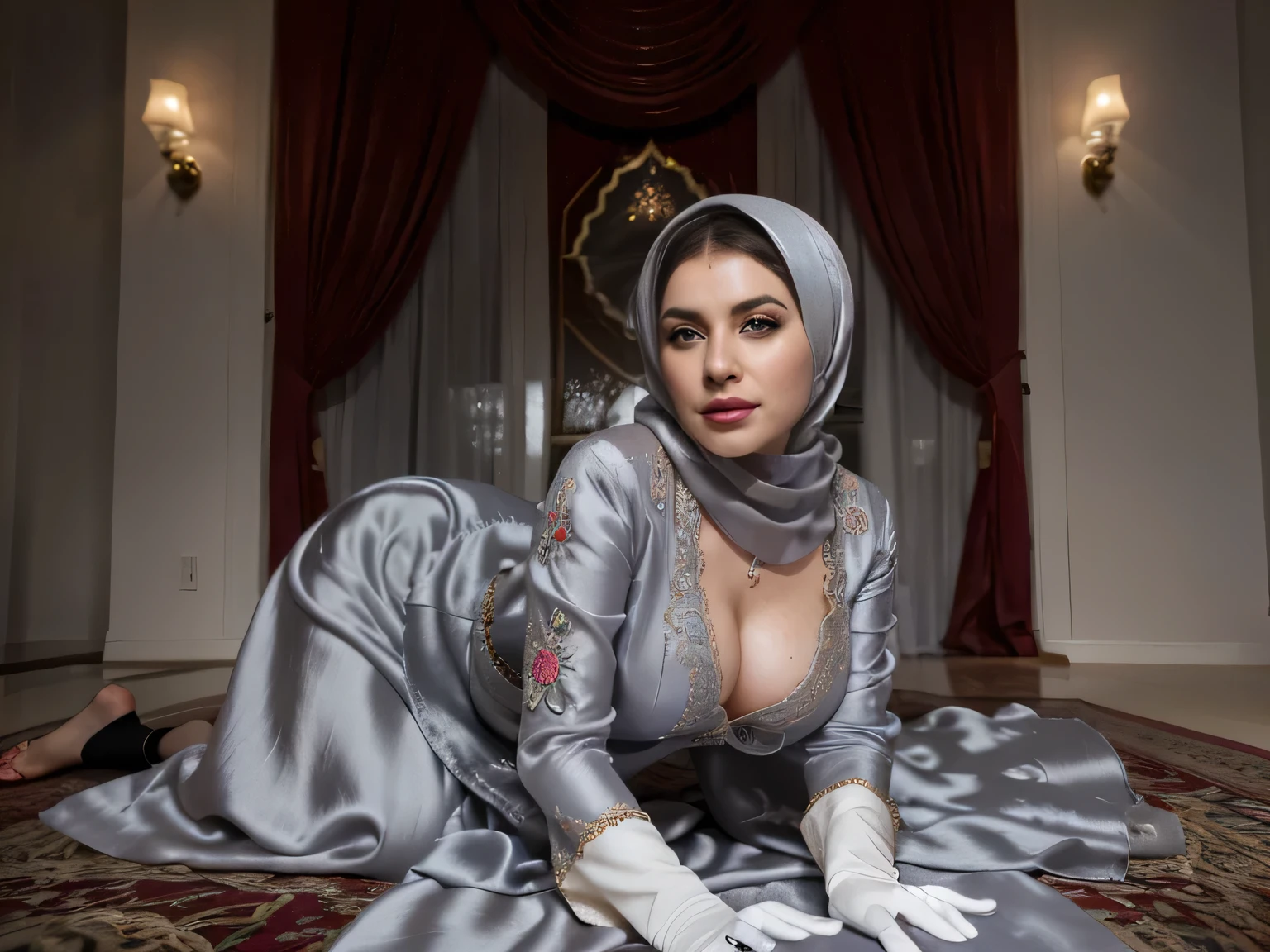 photo of a man fucking in the ass made by A Beautiful Islamic blonde burglar woman (wearing Women Embroidery Abaya Dubai Turkey Muslim Evening Dress Evening Wedding Dress Islamic Clothing Long Robe), cleavage, executive office, perfect, masterpiece, complex_background,HDR, photorealisti, beautifull blue eyes, open mouth moaning of pain, updo, lot's of liquid white cum falling from her lips on her gloved hand, (( grey silk gloves)) ( teh photo is up front))