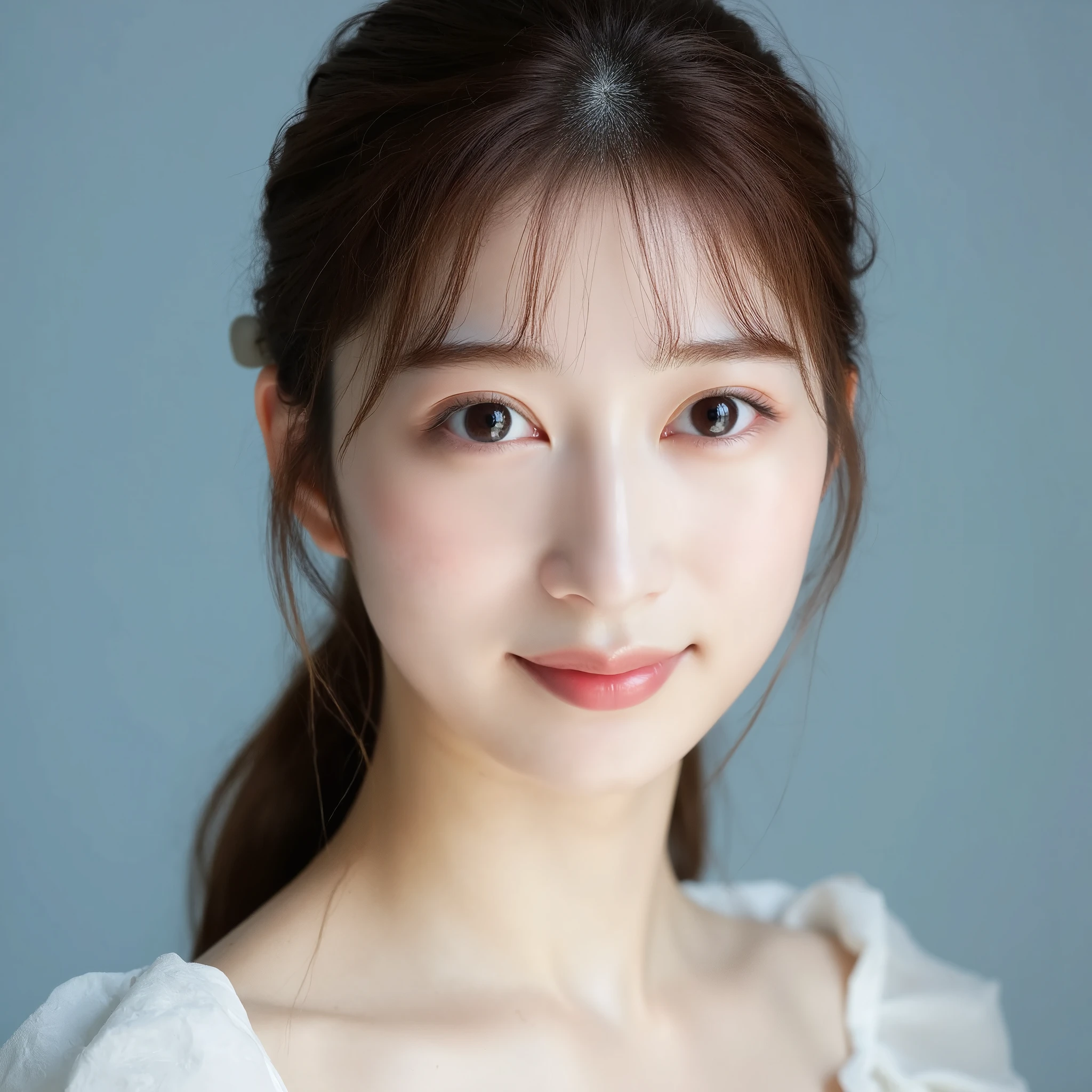 A photo of a young east-asian woman with smooth, pale skin and a warm, inviting smile. Her long, straight hair is a soft brown, tied back loosely with a white ribbon, allowing a few delicate strands to fall naturally over her forehead. Her large, almond-shaped eyes are expressive and framed with subtle makeup, highlighting her lashes and light eyeliner. She has a gentle glow to her complexion, accentuated by the natural sunlight, giving her a radiant and healthy appearance. Her lips are slightly parted in a soft smile, showcasing a warm, friendly demeanor. She is wearing a simple, elegant white top, further enhancing her natural beauty without overpowering her features. The background is a muted, soft blue, focusing all attention on her serene and graceful face.