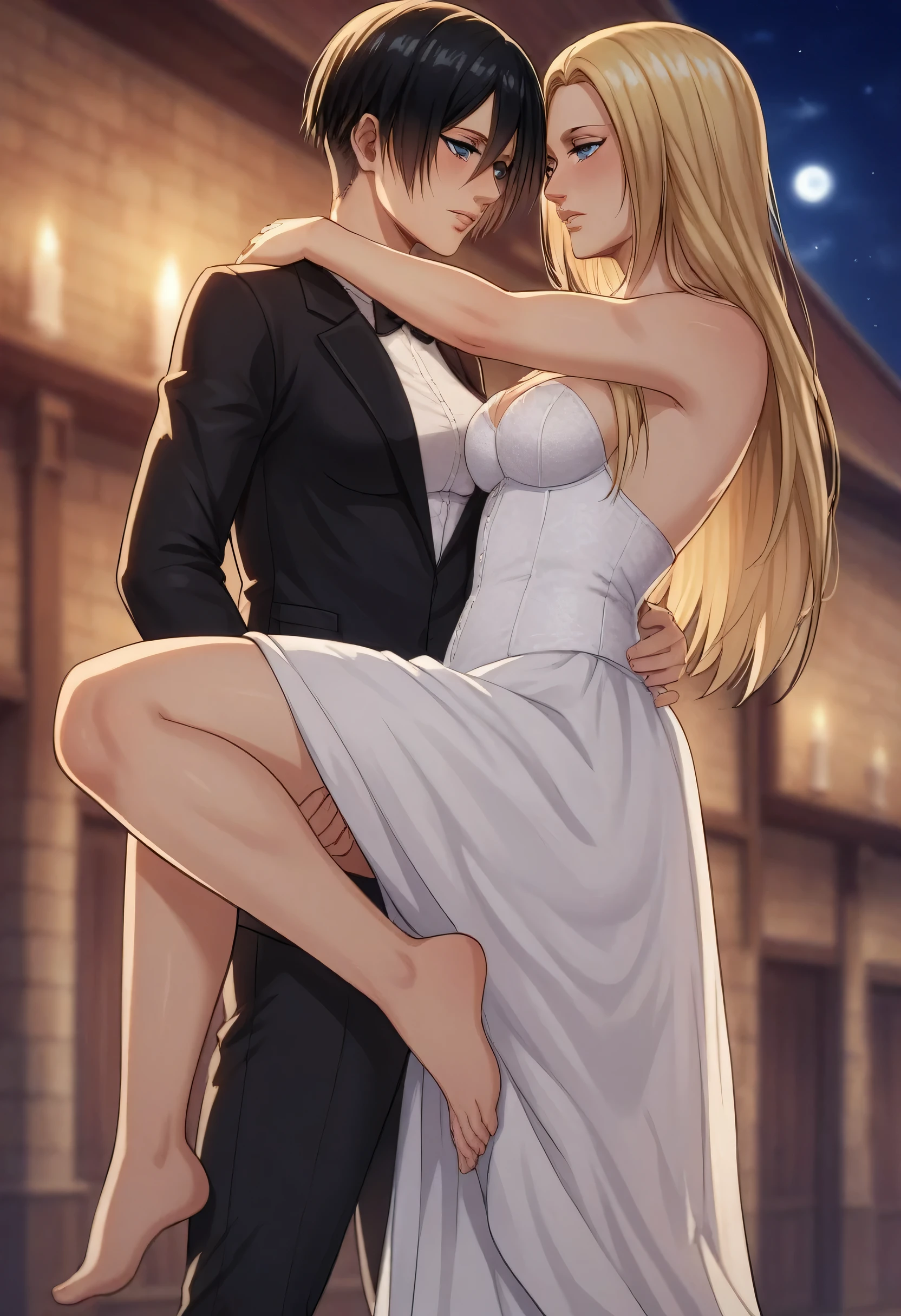 ((Highest quality)), ((masterpiece)), (detailed), (Perfect Face)、The woman is an Extia with medium-long brown hair, wearing a gorgeous black wedding dress with gold embroidery and trim, a black wedding veil, and an engagement ring.、The man is the evil leader, Naioro, a handsome man with medium-long blonde hair.、On a luxurious bed, the brunette woman, Extia, is lying naked on top of the handsome blonde man, Naioro, with his long blond hair, and they are happily having sex in the cowgirl position, making love to each other deeply.、A man and a woman are a deeply loving couple
