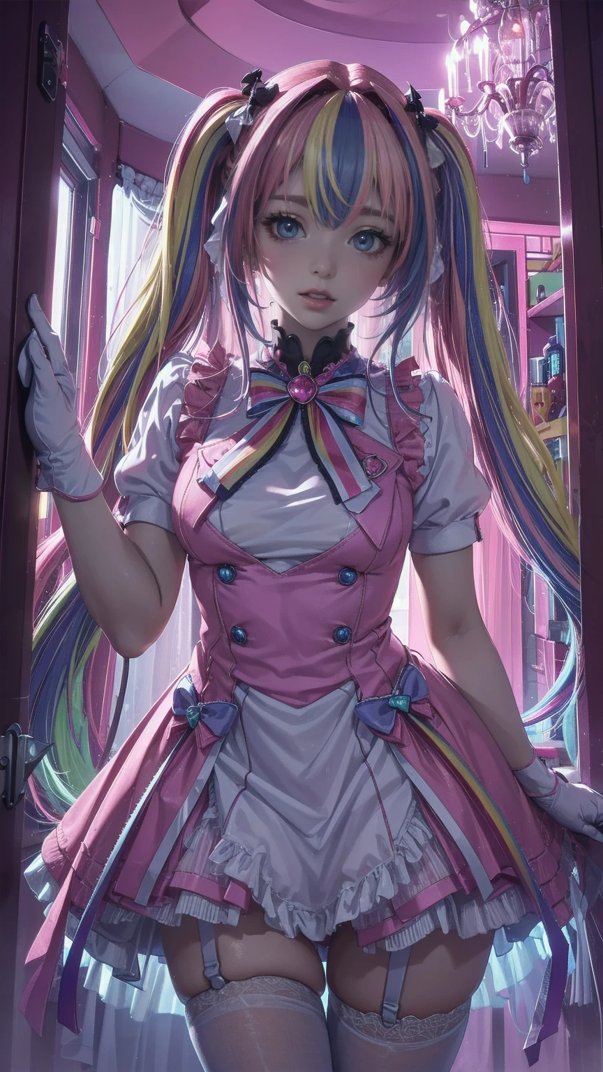 (8k,  best quality , masterpiece: 1.2), super high resolution,Beautiful woman,  super detailed face  , Detailed eyes,( Pink Hair, Light blue multicolored hair ),Bang, twin tails, opens her mouth,break, candy and striped pattern tafana , white knee-length socks, lavender-colored dress , pink canopy bed ,Detailed hands and fingers,( rainbow-colored light from heaven :1.4) , standing , pink bed captivates viewers in a cute room with a canopy
