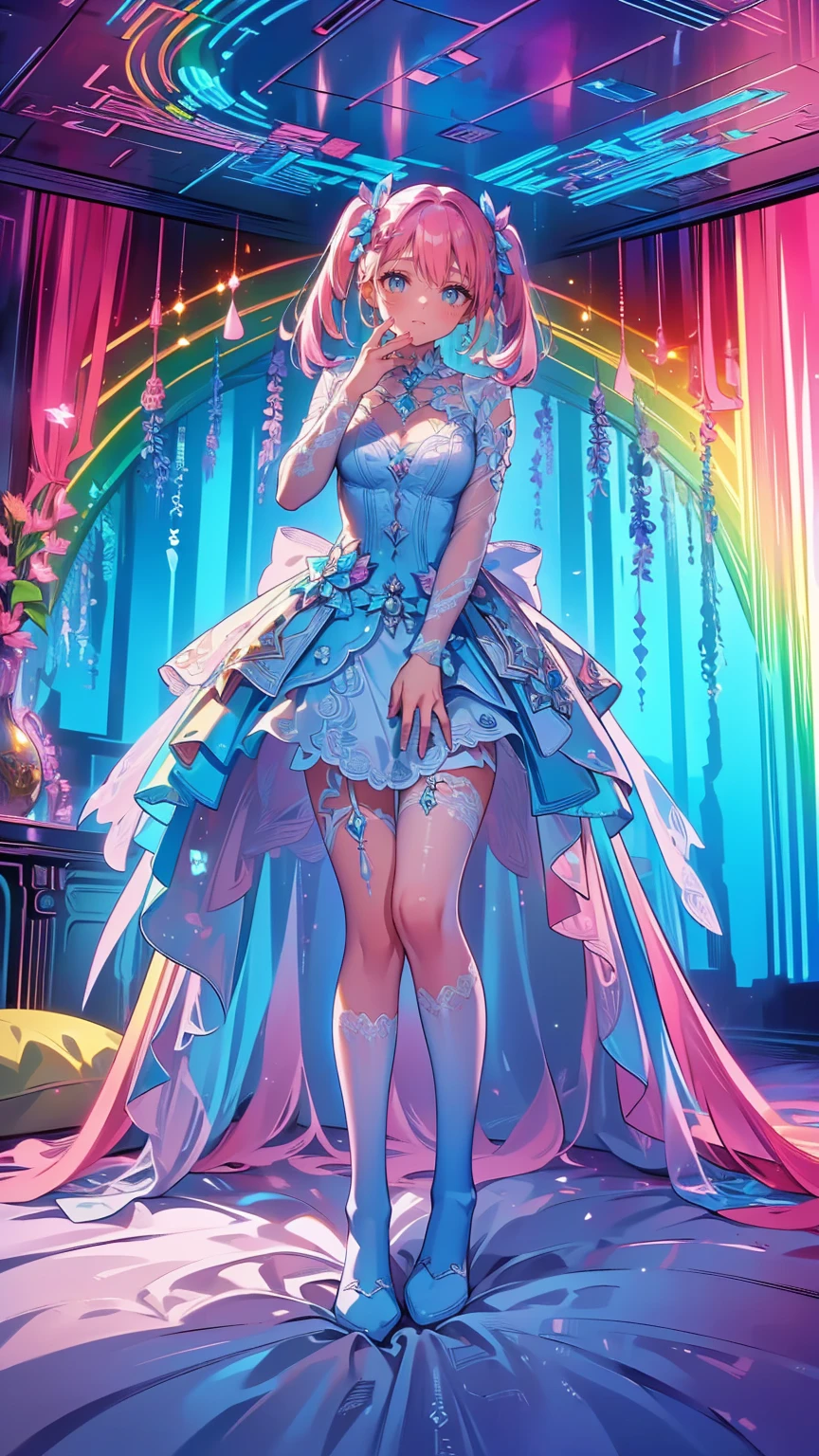 (8k,  best quality , masterpiece: 1.2), super high resolution,Beautiful woman,  super detailed face  , Detailed eyes,( Pink Hair, Light blue multicolored hair ),Bang, twin tails, opens her mouth,break, candy and striped pattern tafana , white knee-length socks, lavender-colored dress , pink canopy bed ,Detailed hands and fingers,( rainbow-colored light from heaven :1.4) , standing , pink bed captivates viewers in a cute room with a canopy
