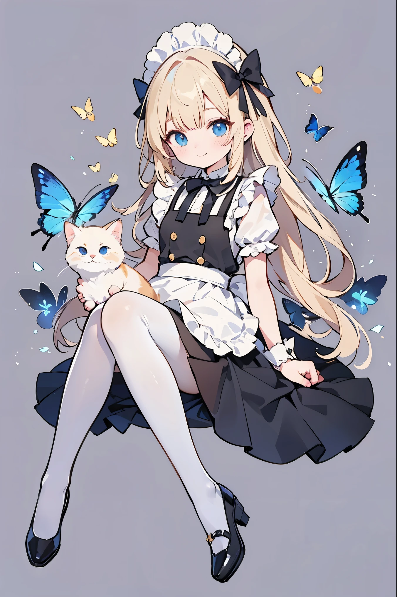 Alice in Wonderland girl holding a cat，Full body photo，Golden hair，Blue butterfly background，A smile、A delightful!　The shirt、skirt by the、（small ）aprons、White lace gloves，doress、hair adornments、（maid）、A high resolution, 8K{Extremely detailed 8k CG unit wallpaper},White tights