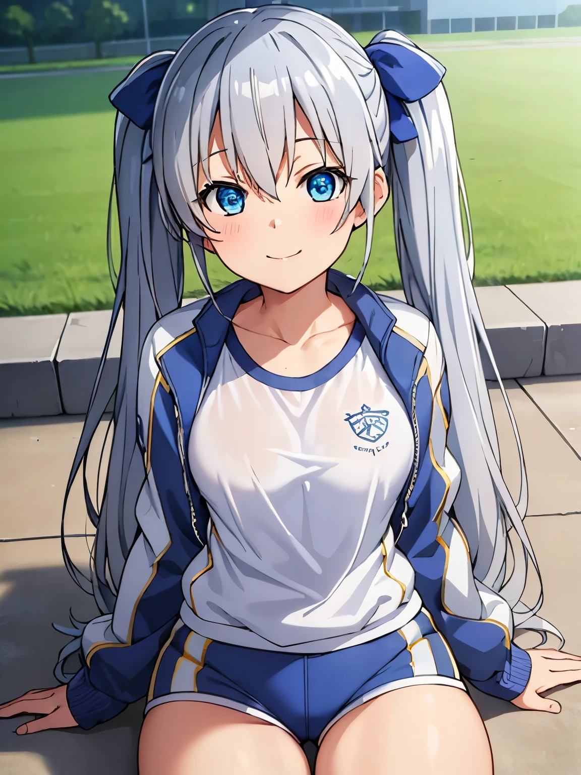 (8k、Best Quality、Best Quality、masterpiece)、Detailed face、One Girl、 

Silver Hair、 blue eyes 、ribbon、 twin tails、Small breasts、

1girl, celia claire,

gym outfit, blue jacket,white shirt,shorts,
Thighs、

smile、

lawn、